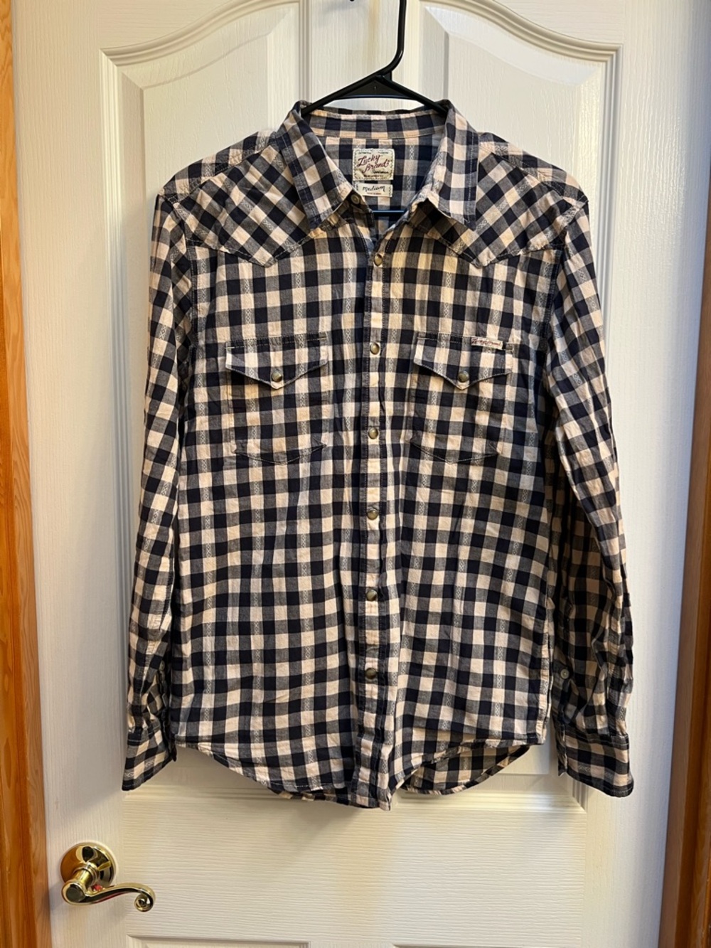 Lucky Brand Women’s M Navy and Cream Buffalo Plaid Button-Up Western Shirt